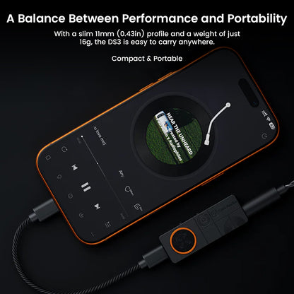 FOSI AUDIO – DS3 Portable DAC/Amp connected to smartphone, showcasing slim 11mm profile and 16g weight for easy portability and performance.