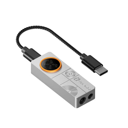FOSI AUDIO – DS3 Portable DAC/Amp in silver finish with USB-C cable, offering dual headphone outputs and compact design for audiophile use.