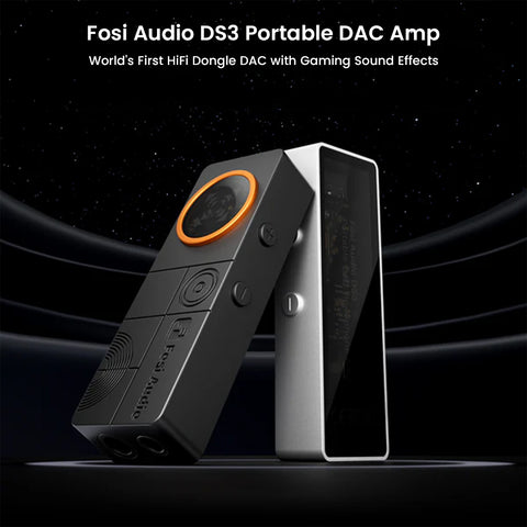 FOSI AUDIO – DS3 Portable DAC/Amp shown in black and silver variants, featuring compact design and gaming sound effects for immersive audio.