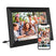 FRAMEO Smart Photo Frame in black finish displaying birthday celebration, with mobile app interface for real-time photo updates.