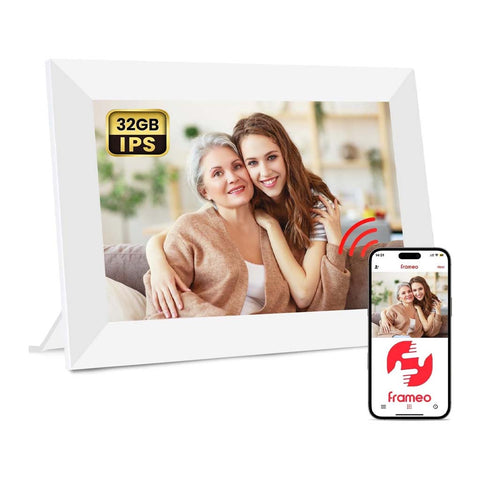 FRAMEO 32GB IPS Wi-Fi Digital Frame in white finish, showing mother and daughter photo with app-based wireless sharing feature.