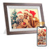 FRAMEO 32GB 10.1” Wi-Fi Digital Photo Frame displaying a family Christmas photo with app control for wireless sharing. Wood finish frame ideal for home decor.