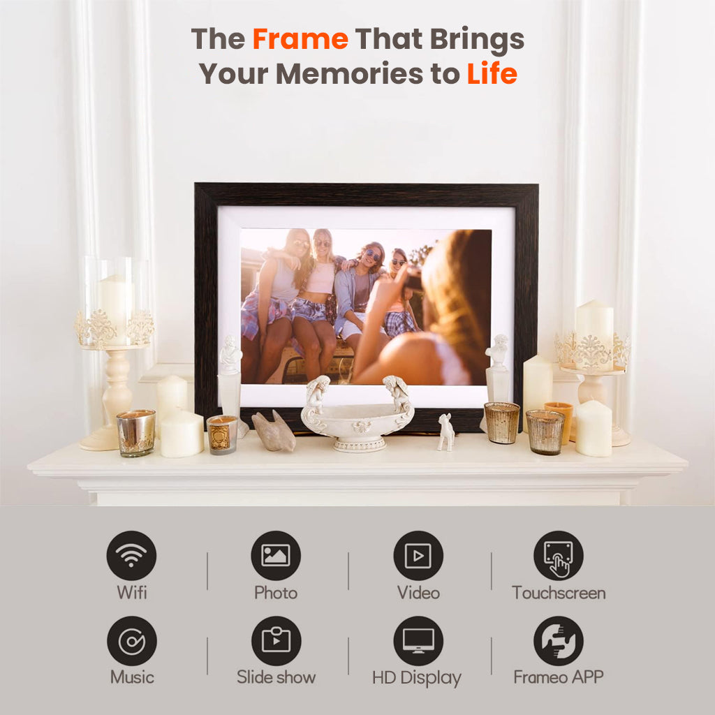 FRAMEO Wi-Fi Digital Photo Frame on a mantel with candles, showcasing HD display and app features like slideshow, music, and video playback.