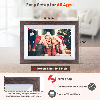FRAMEO Smart Photo Frame with 10.1” screen and classic wood finish, easy setup for all ages with Frameo app and unlimited photo sharing.