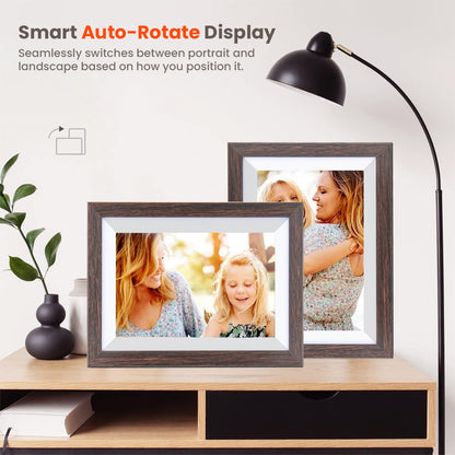 FRAMEO Digital Photo Frame with smart auto-rotate display, switching between portrait and landscape modes for flexible viewing.