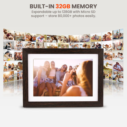 FRAMEO 32GB Smart Photo Frame with expandable memory up to 128GB, capable of storing over 80,000 photos for long-term use.