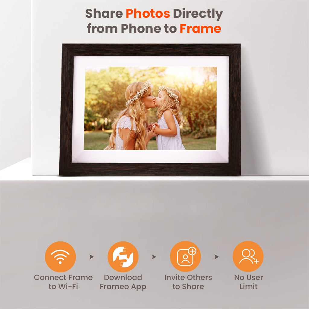 FRAMEO Digital Frame allows direct photo sharing from phone to frame via Wi-Fi and app, with no user limit for easy family access.