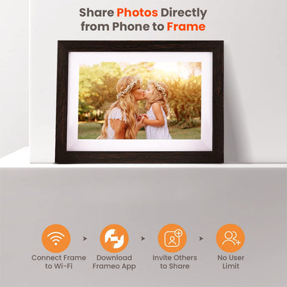 FRAMEO Digital Frame allows direct photo sharing from phone to frame via Wi-Fi and app, with no user limit for easy family access.
