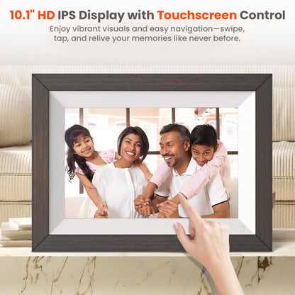 FRAMEO 10.1” HD IPS Touchscreen Photo Frame with vibrant visuals and intuitive swipe navigation, perfect for reliving memories.