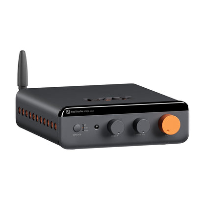 Fosi Audio BT20A MAX Bluetooth Stereo Power Amp with sleek black design, volume and tone control knobs, and external antenna for wireless audio.