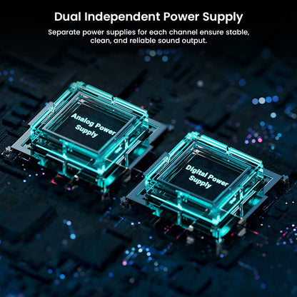 Fosi Audio BT20A MAX features dual independent power supply for analog and digital channels, ensuring clean and stable audio output.