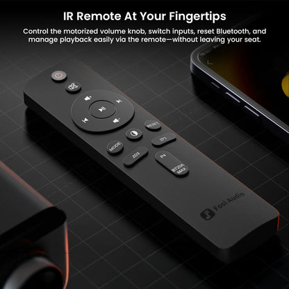 Fosi Audio BT20A MAX includes IR remote control for volume, input switching, and Bluetooth reset, enhancing user convenience.