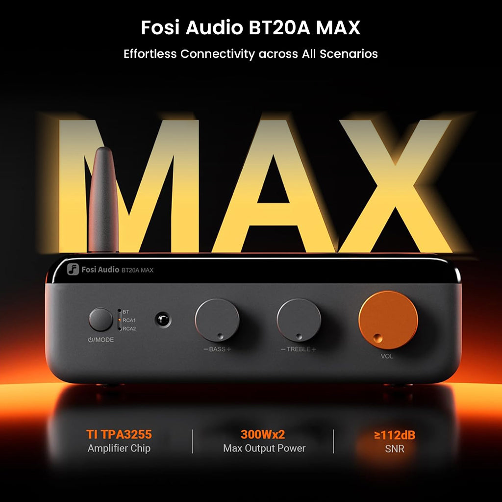 Fosi Audio BT20A MAX with TI TP3255 chip, 300W x2 output, and 112dB SNR for high-performance audio in all usage scenarios.