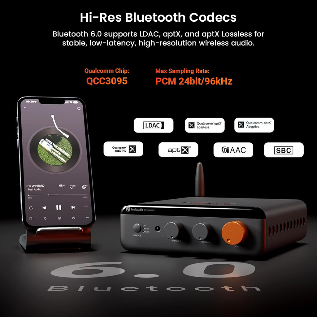 Fosi Audio BT20A MAX supports Hi-Res Bluetooth 6.0 with LDAC, aptX, and AAC codecs for lossless wireless audio streaming.
