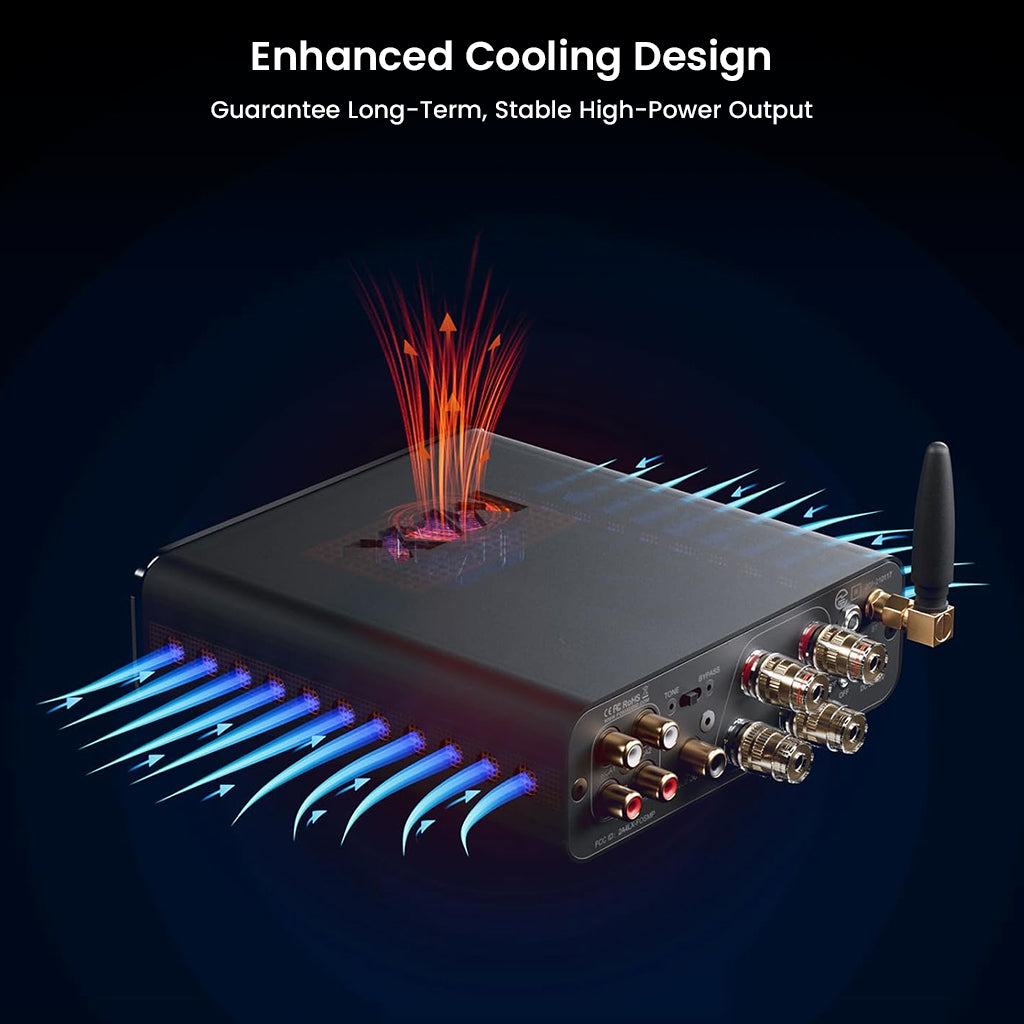 Fosi Audio BT20A MAX enhanced cooling design with airflow visualization ensures stable high-power output over long periods.