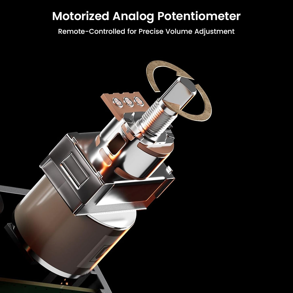 Close-up of Fosi Audio BT20A MAX motorized analog potentiometer for precise remote-controlled volume adjustment.