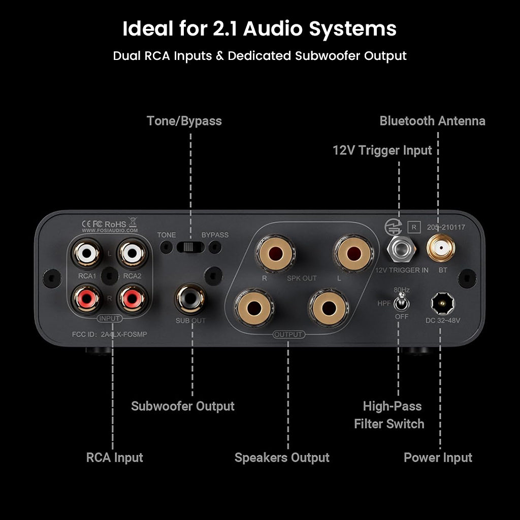 Fosi Audio BT20A MAX rear panel labeled with dual RCA inputs, subwoofer output, Bluetooth antenna, and speaker terminals.