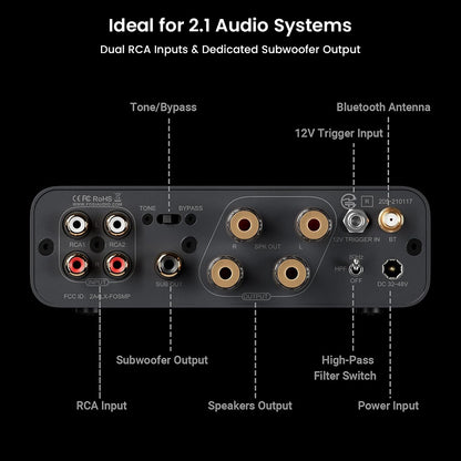 Fosi Audio BT20A MAX rear panel labeled with dual RCA inputs, subwoofer output, Bluetooth antenna, and speaker terminals.