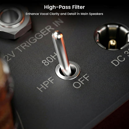 Close-up of Fosi Audio - BT20A MAX Bluetooth Stereo Power Amp showing high-pass filter switch with 80Hz and OFF settings for enhanced vocal clarity.