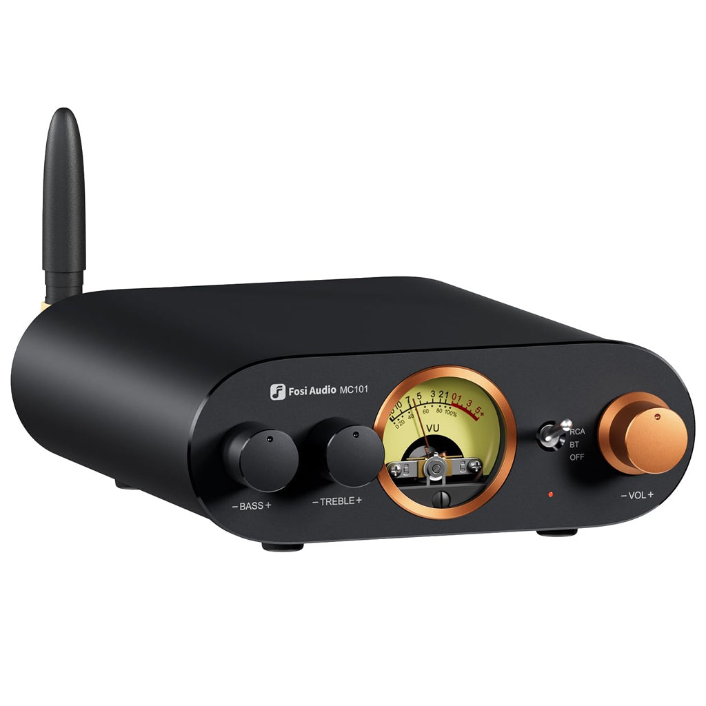 Fosi Audio MC101 Bluetooth Stereo Amplifier with VU Meter featuring a sleek black aluminum-alloy body, tone knobs, and volume control.