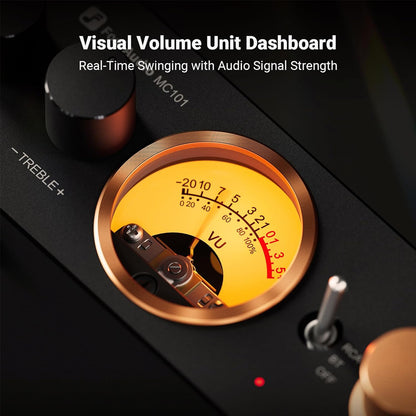 Close-up of the Fosi Audio MC101 VU Meter displaying real-time audio signal strength with a retro analog design.