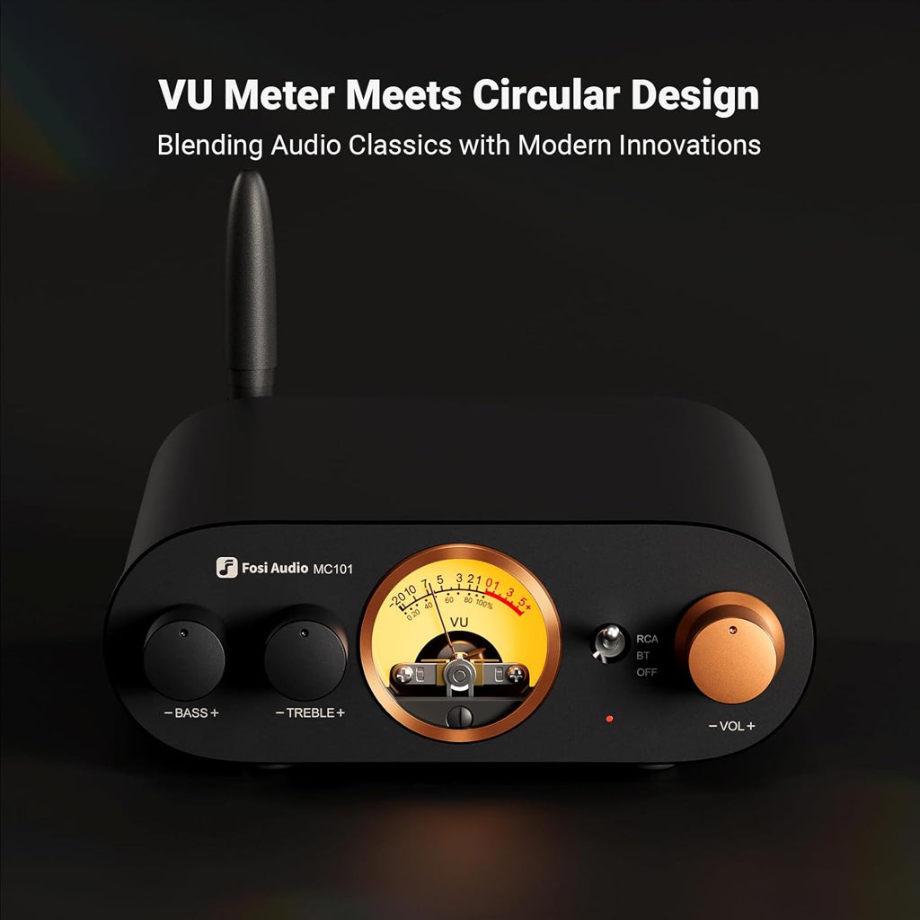 Fosi Audio MC101 Bluetooth Stereo Amplifier with circular VU meter design blending classic audio aesthetics with modern innovation.