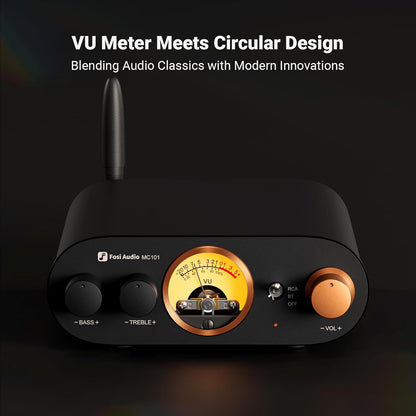 Fosi Audio MC101 Bluetooth Stereo Amplifier with circular VU meter design blending classic audio aesthetics with modern innovation.