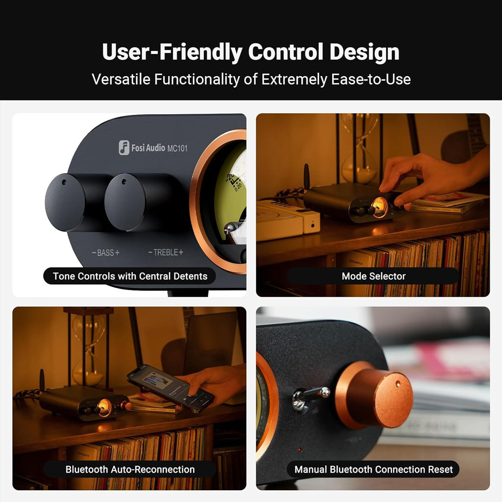 User-friendly control design of Fosi Audio MC101 featuring tone knobs, Bluetooth reconnection, and manual reset functionality.