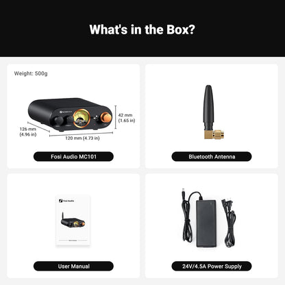 Box contents of Fosi Audio MC101 including the amplifier, Bluetooth antenna, power supply, and user manual.