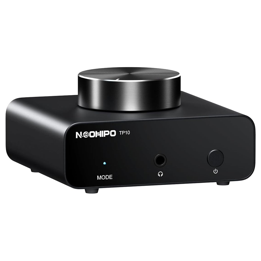 NEOHIPO TP10 Phono Preamp & Headphone Amp with sleek black aluminum body and front control knob for high-fidelity audio performance.