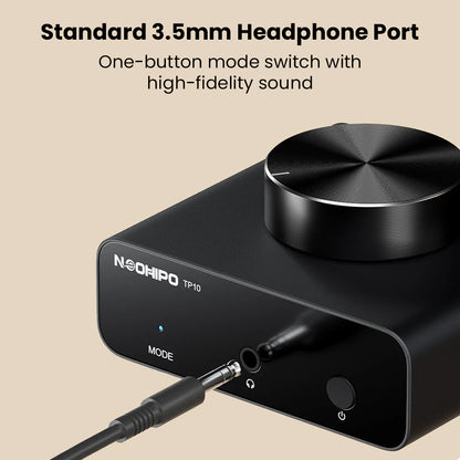 Close-up of 3.5mm headphone port on NEOHIPO TP10 Phono Preamp with one-button mode switch for high-fidelity sound.