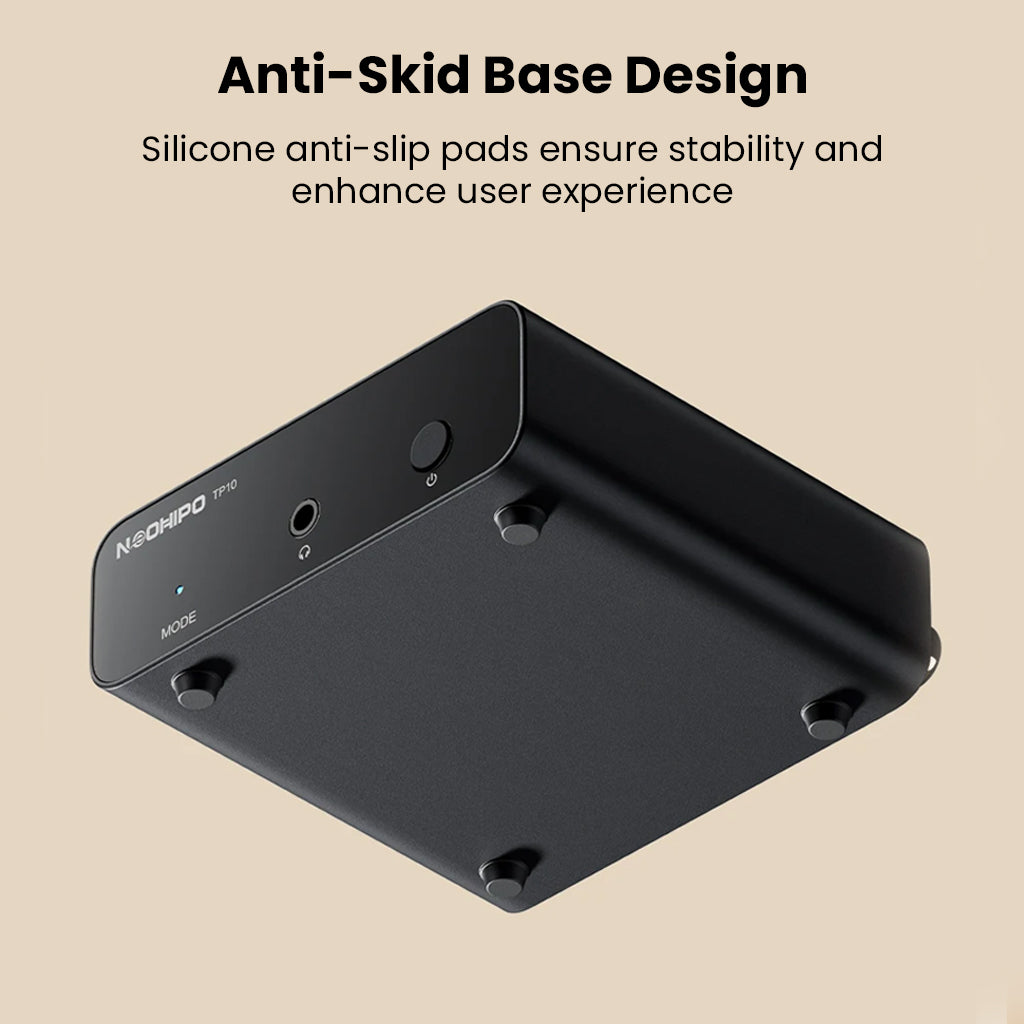 Bottom view of NEOHIPO TP10 Phono Preamp showing anti-skid silicone pads for enhanced stability and user experience.