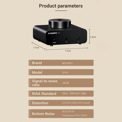 NEOHIPO TP10 Phono Preamp technical specifications including signal-to-noise ratio, RIAA standard, and distortion levels.