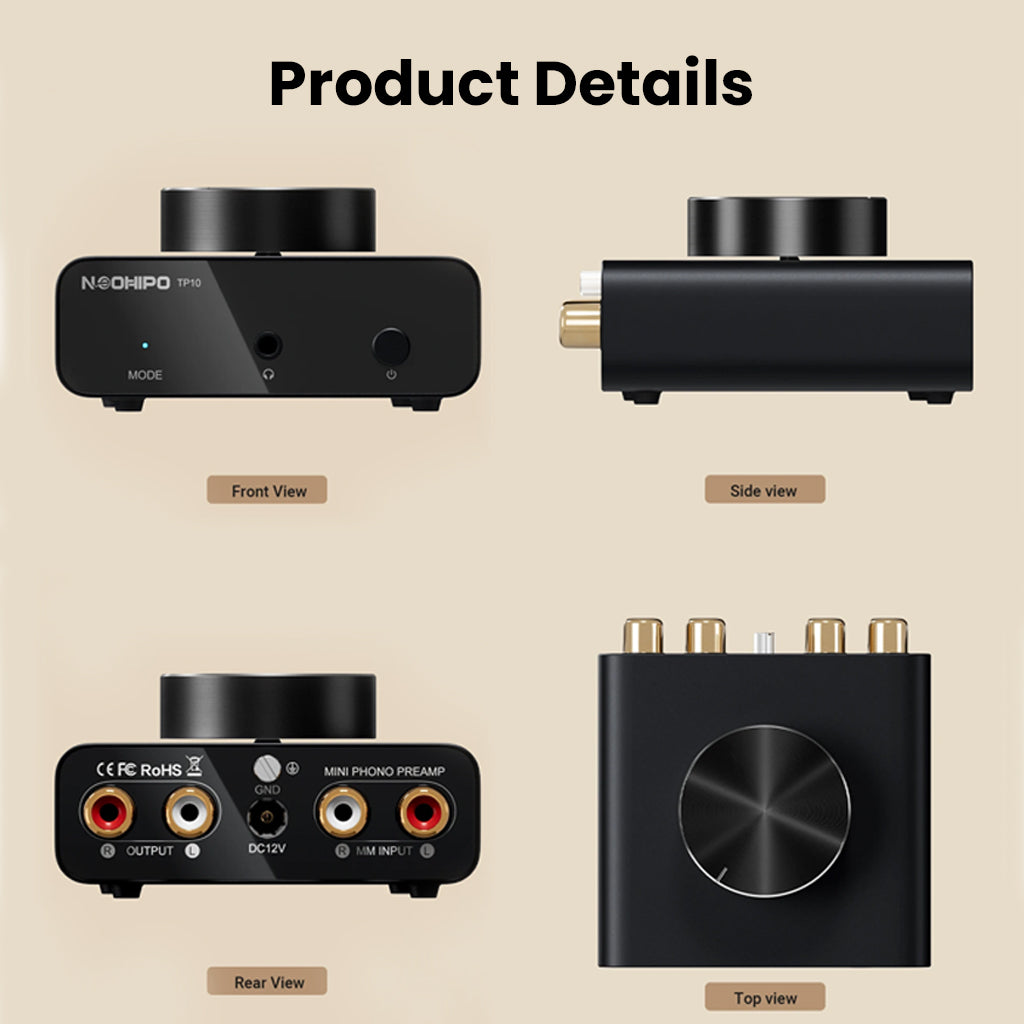 Multiple views of NEOHIPO TP10 Phono Preamp including front, side, rear, and top to highlight design and connectivity ports.