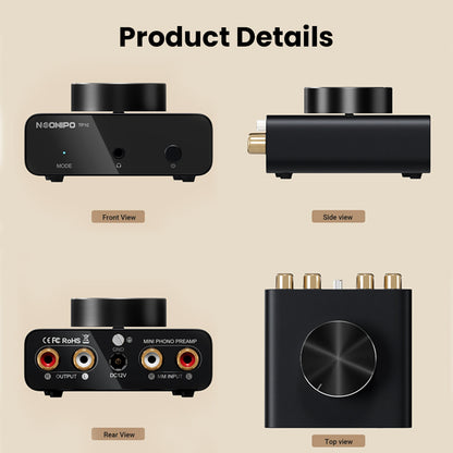 Multiple views of NEOHIPO TP10 Phono Preamp including front, side, rear, and top to highlight design and connectivity ports.