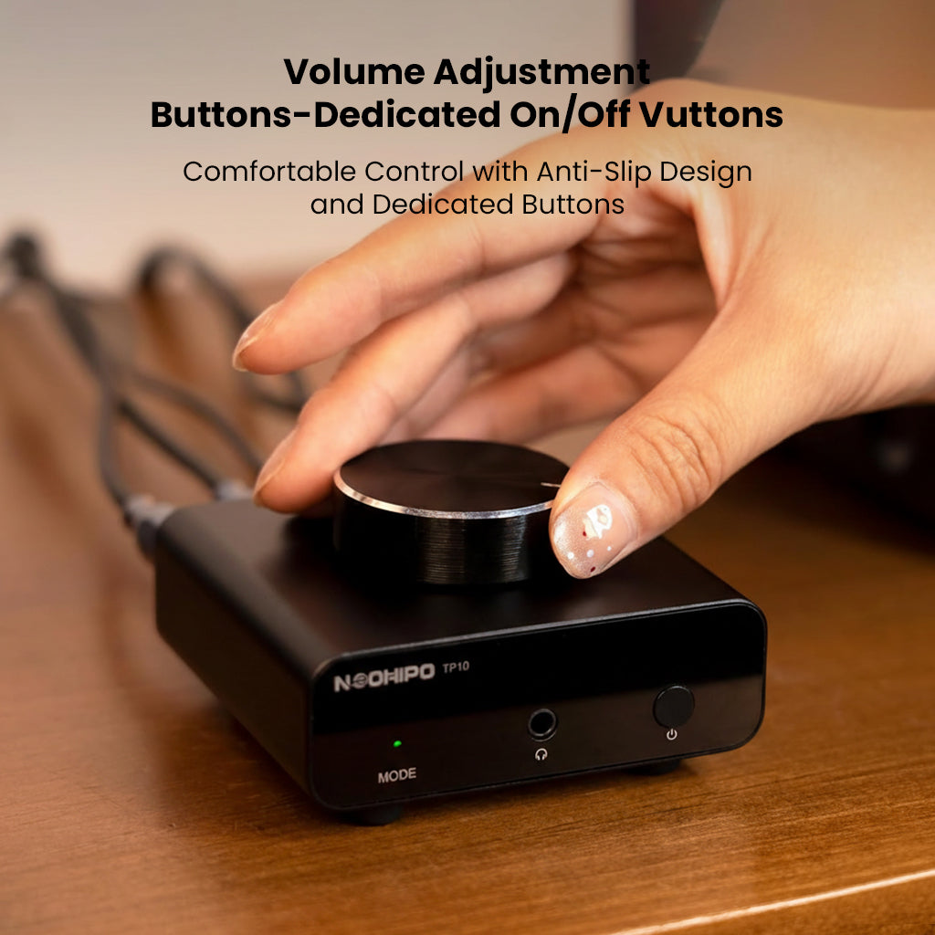 Close-up of user adjusting volume on NEOHIPO TP10 Phono Preamp with anti-slip knob and dedicated control buttons.
