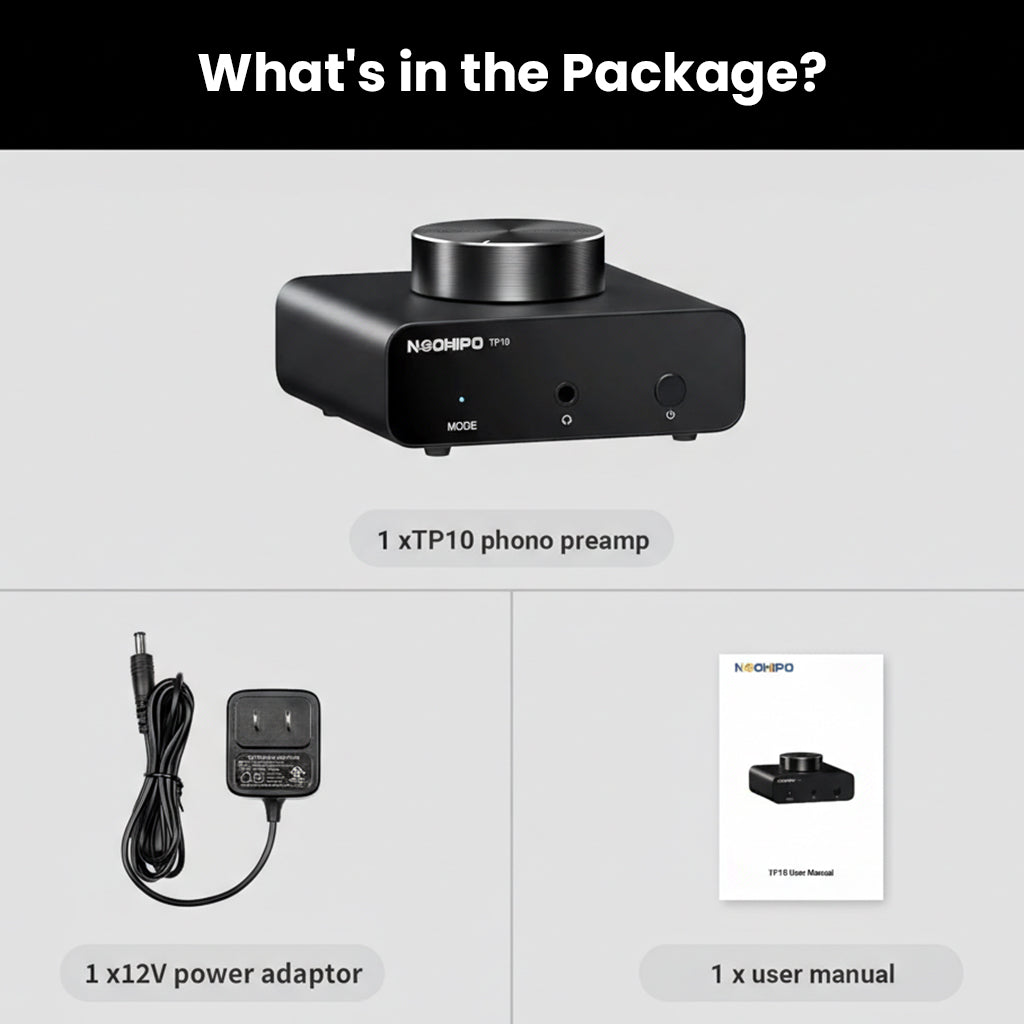 NEOHIPO TP10 Phono Preamp package contents including 12V power adapter and user manual for easy setup.
