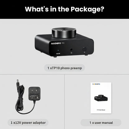 NEOHIPO TP10 Phono Preamp package contents including 12V power adapter and user manual for easy setup.