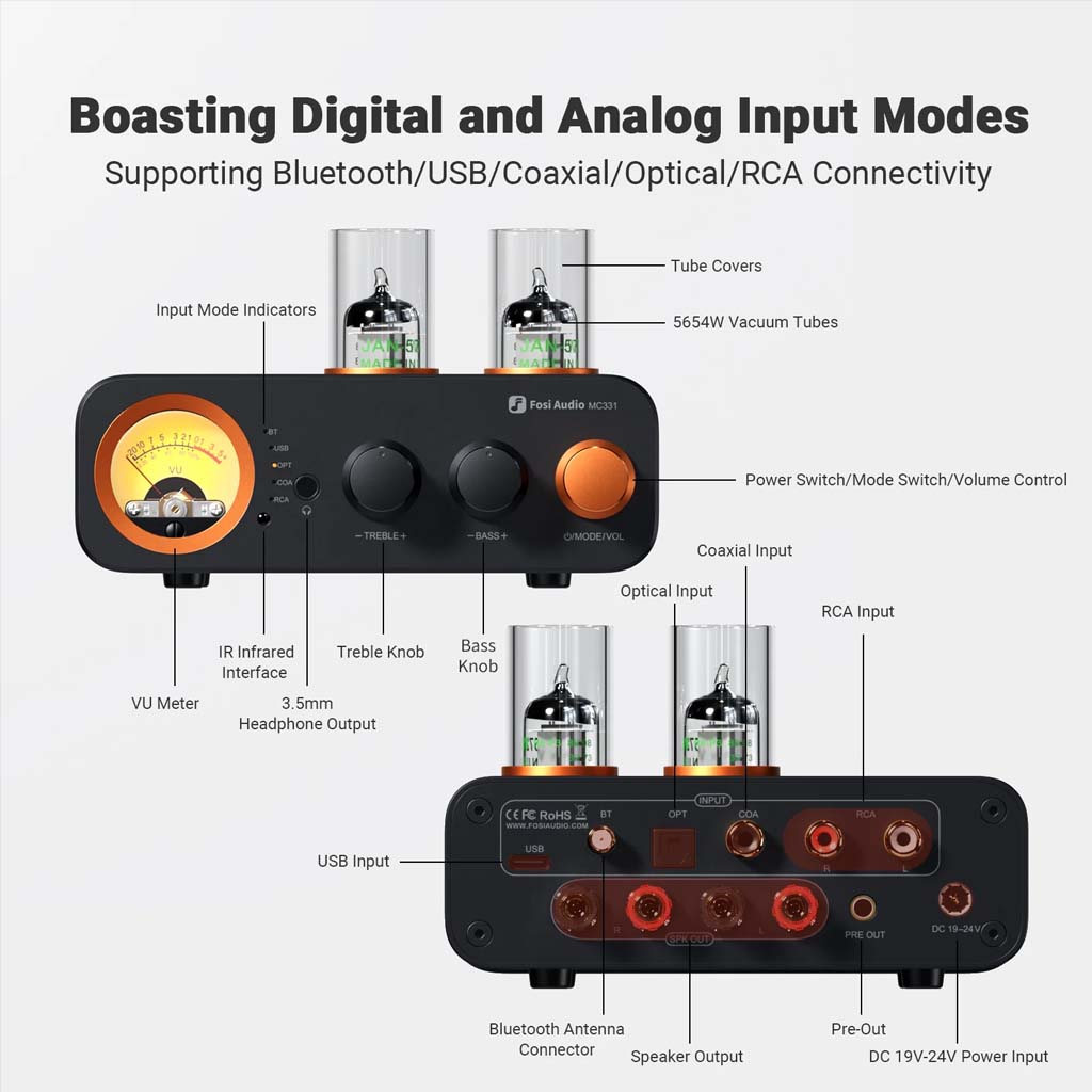 Fosi Audio - MC331 Tube Integrated Bluetooth Amplifier with DAC