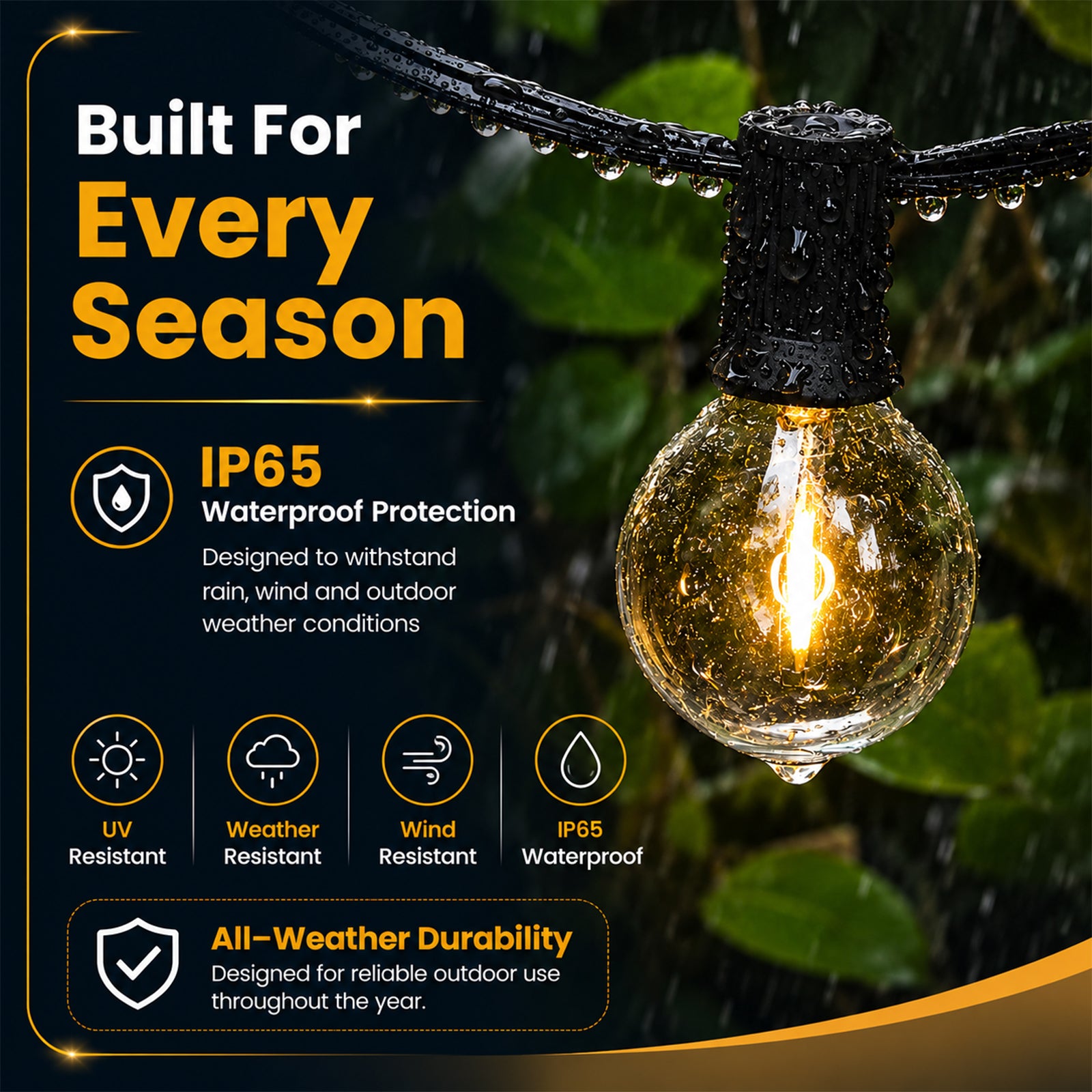 Outdoor string lights with waterproof design, warm amber glow, ideal for creating cozy outdoor ambiance, SKU: TP-G40-50Ft-24v-Dimable-Str_lght-Blk