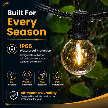 Outdoor string lights with waterproof design, warm amber glow, ideal for creating cozy outdoor ambiance, SKU: TP-G40-50Ft-24v-Dimable-Str_lght-Blk