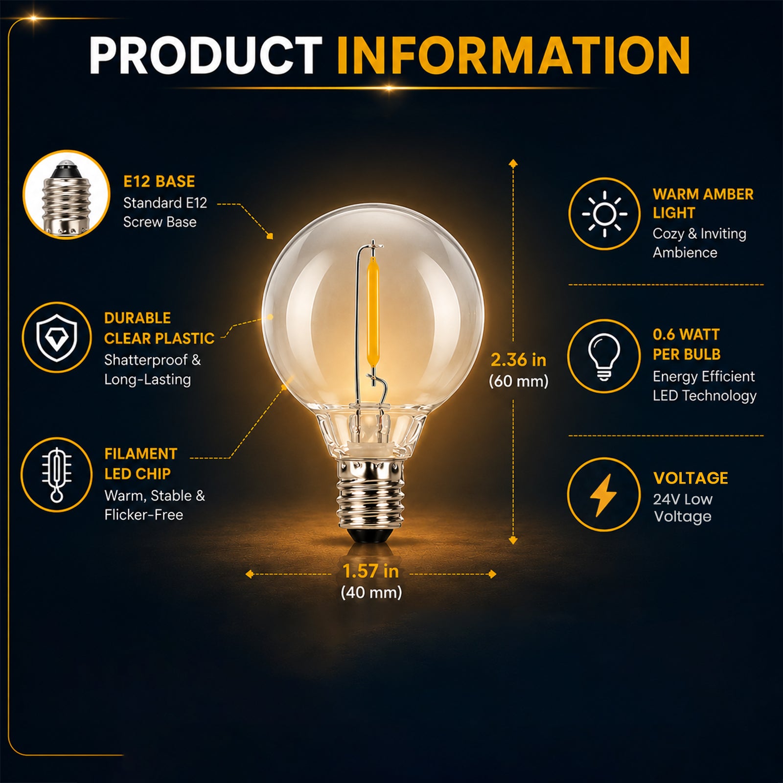 Comparison of shatterproof plastic outdoor LED bulbs versus fragile glass bulbs, highlighting durability and impact resistance, SKU: TP-G40-50Ft-24v-Dimable-Str_lght-Blk