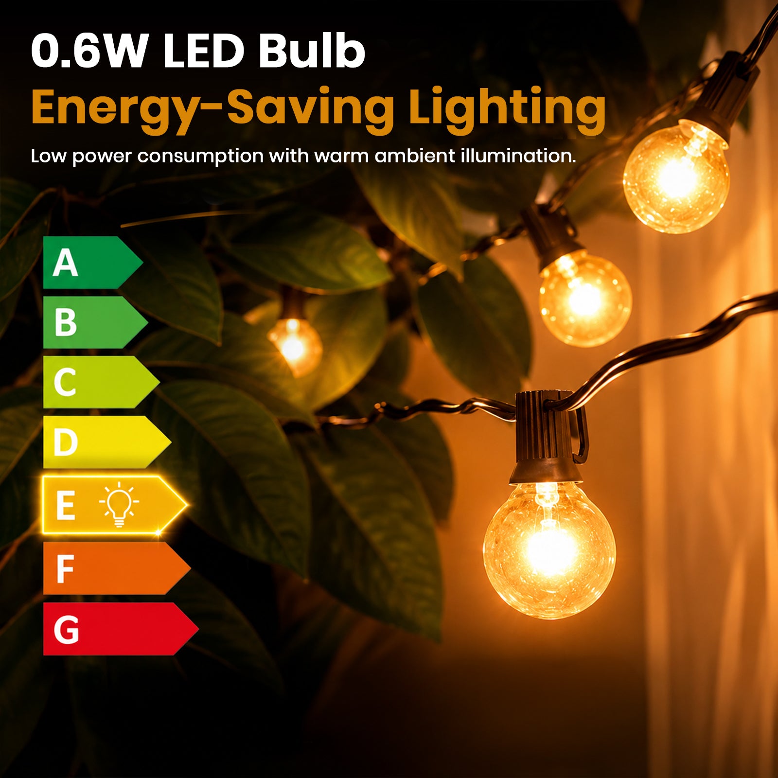 String lights with vintage-style G40 LED bulbs emitting warm ambient light, 50ft outdoor decorative lighting with remote control