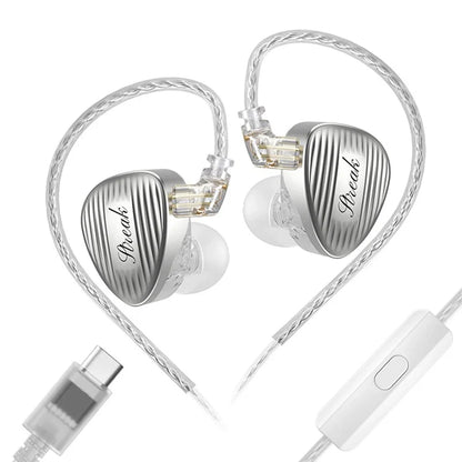Silver in-ear monitors with transparent cables and silicone ear tips