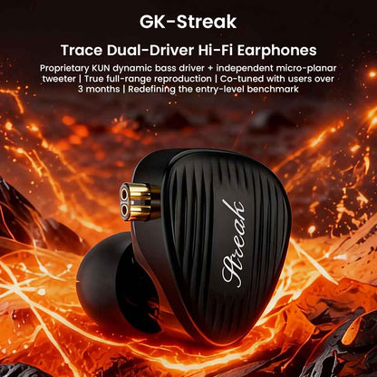 GK Streak dual-driver Hi-Fi earphones with black and gold design