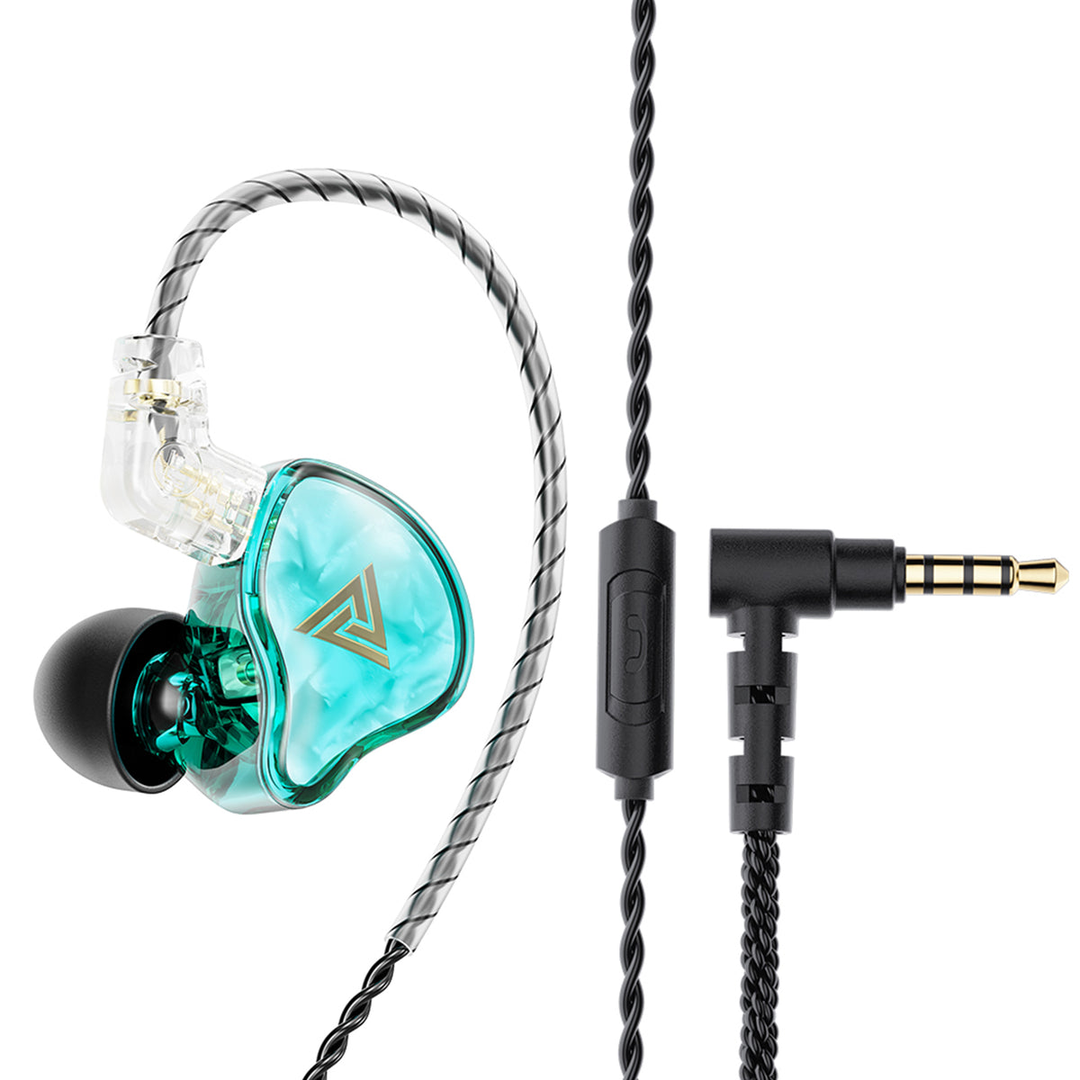 Close-up of turquoise transparent in-ear monitors with black ear tips, braided silver and black cable, and gold accents, on a white background