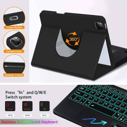 Close-up of HD109T Keyboard Case's 360° rotating hinge, rainbow backlit keyboard, and system switch keys for iOS, Windows, and Android.