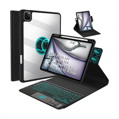 HD109T–Magnetic 360° Keyboard Case with Trackpad for iPad Air M2/M3 featuring RGB backlit keys, detachable cover, and transparent cooling shell.