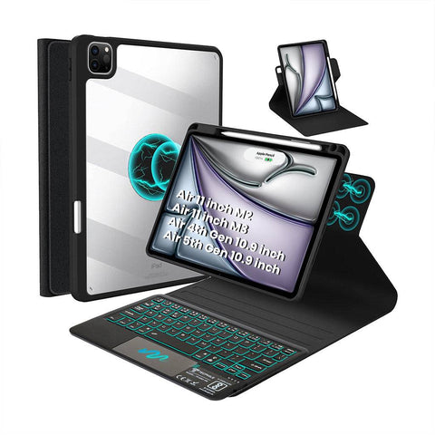 HD109T–Magnetic 360° Keyboard Case with Trackpad for iPad Air M2/M3 featuring RGB backlit keys, detachable cover, and transparent cooling shell.
