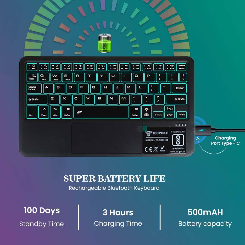 Rechargeable Bluetooth keyboard of HD109T with 500mAh battery, 100-day standby, and USB-C charging for extended usage.